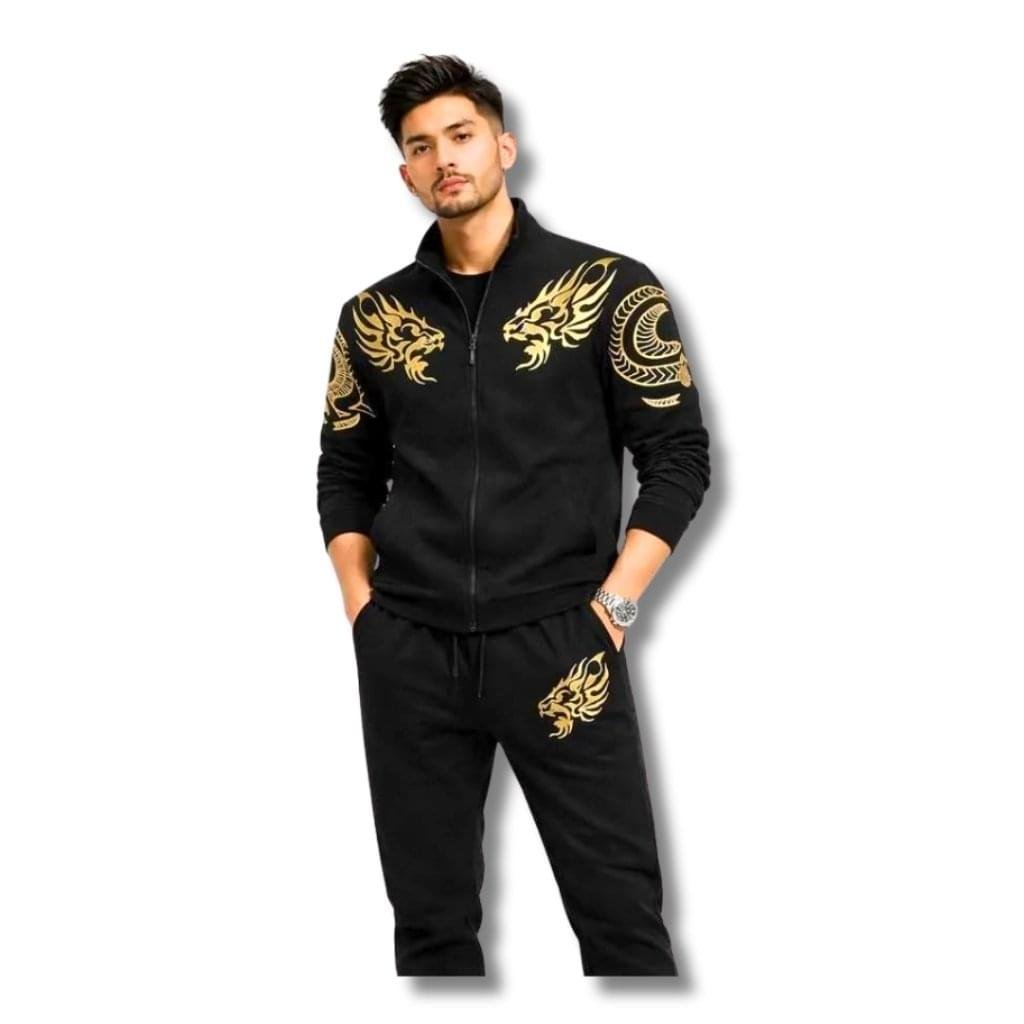 Premium Comfortable 2 PCs Men's Lion Printed Fleece Printed Zipper Track Suit